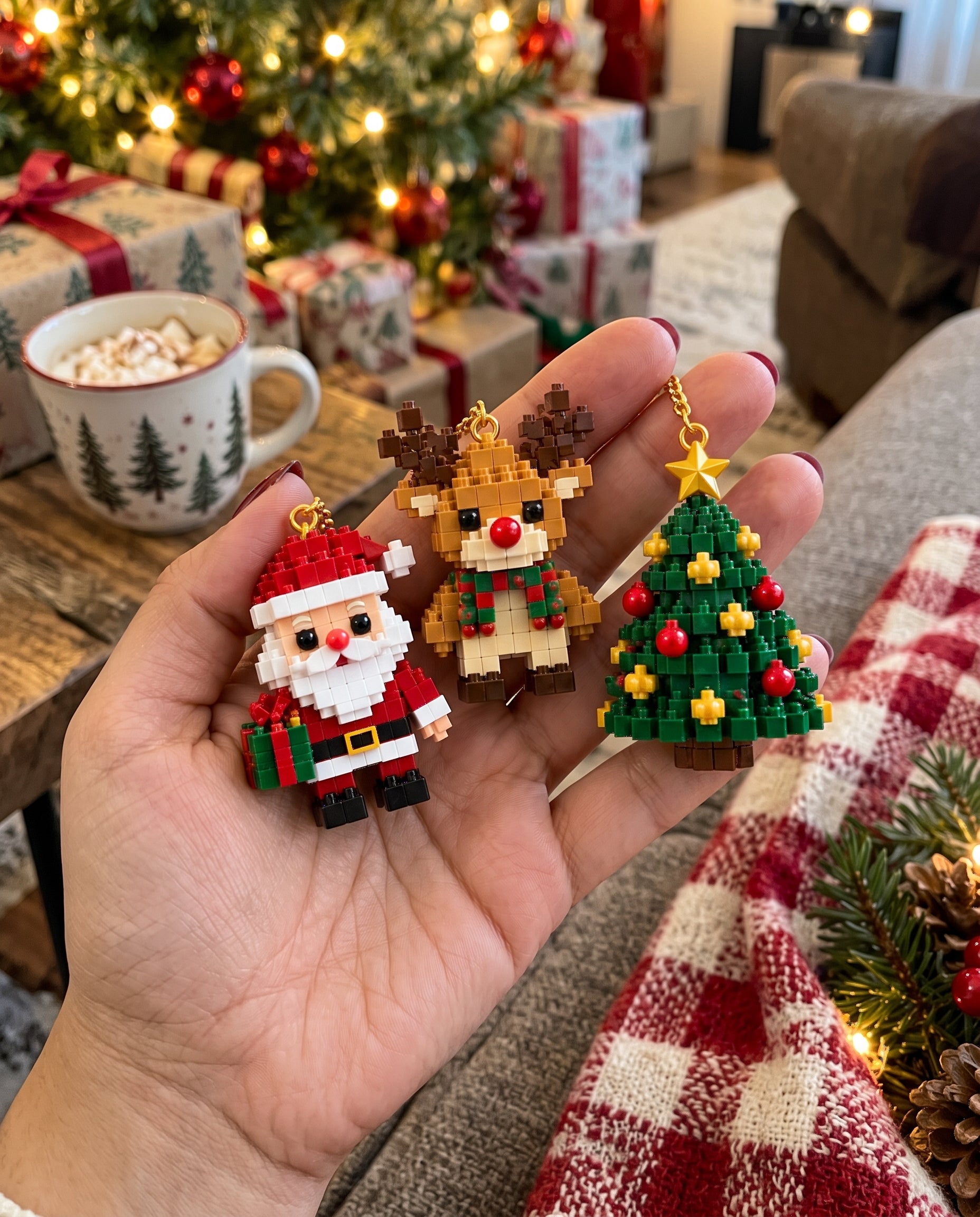 Three complete Christmas mini ornaments held in an adult hand