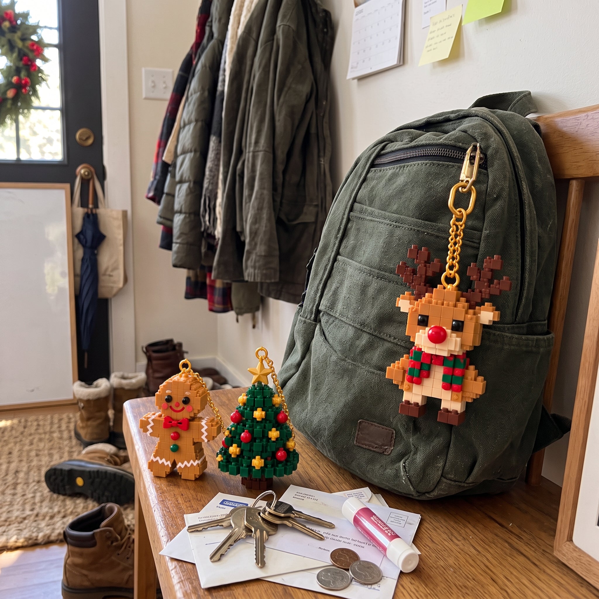 Reindeer mini ornament attached to a green backpack in an entryway