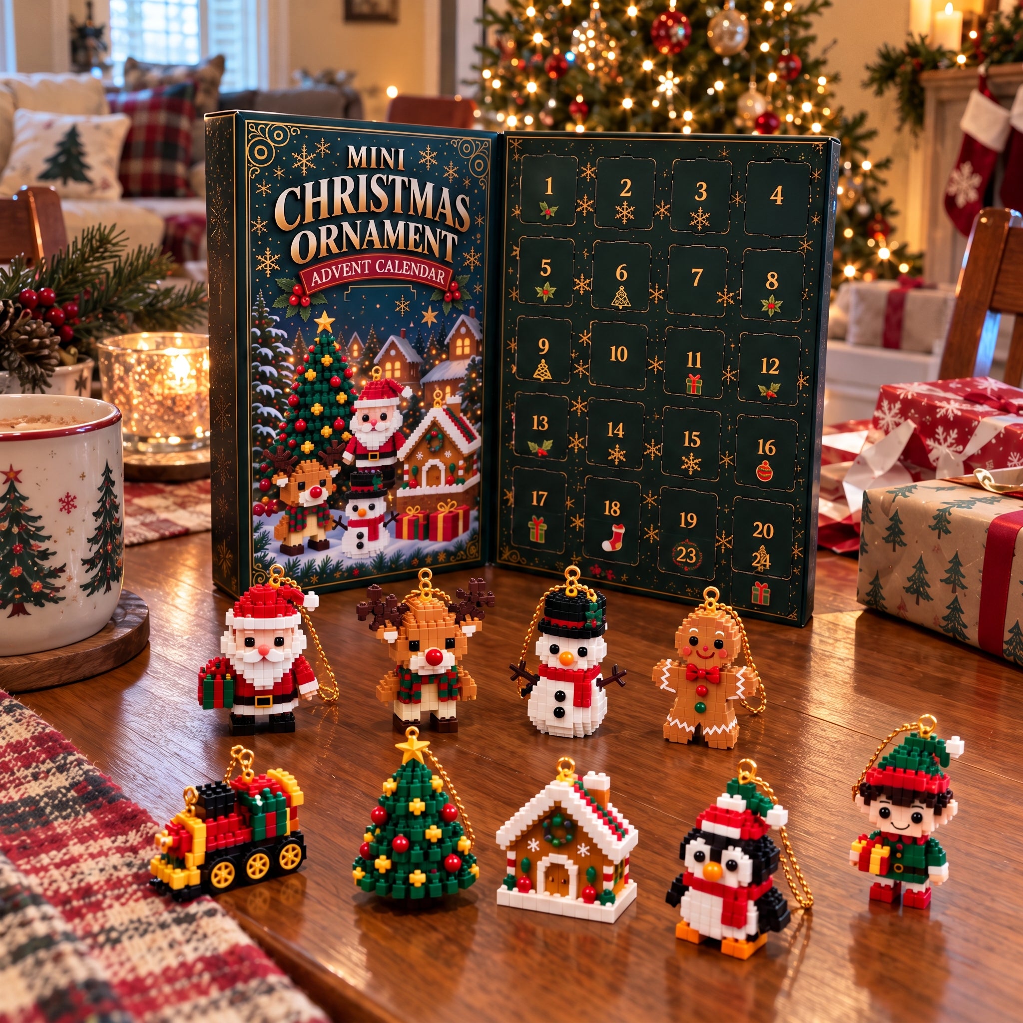 24-day Christmas advent calendar box with ornaments displayed on a table