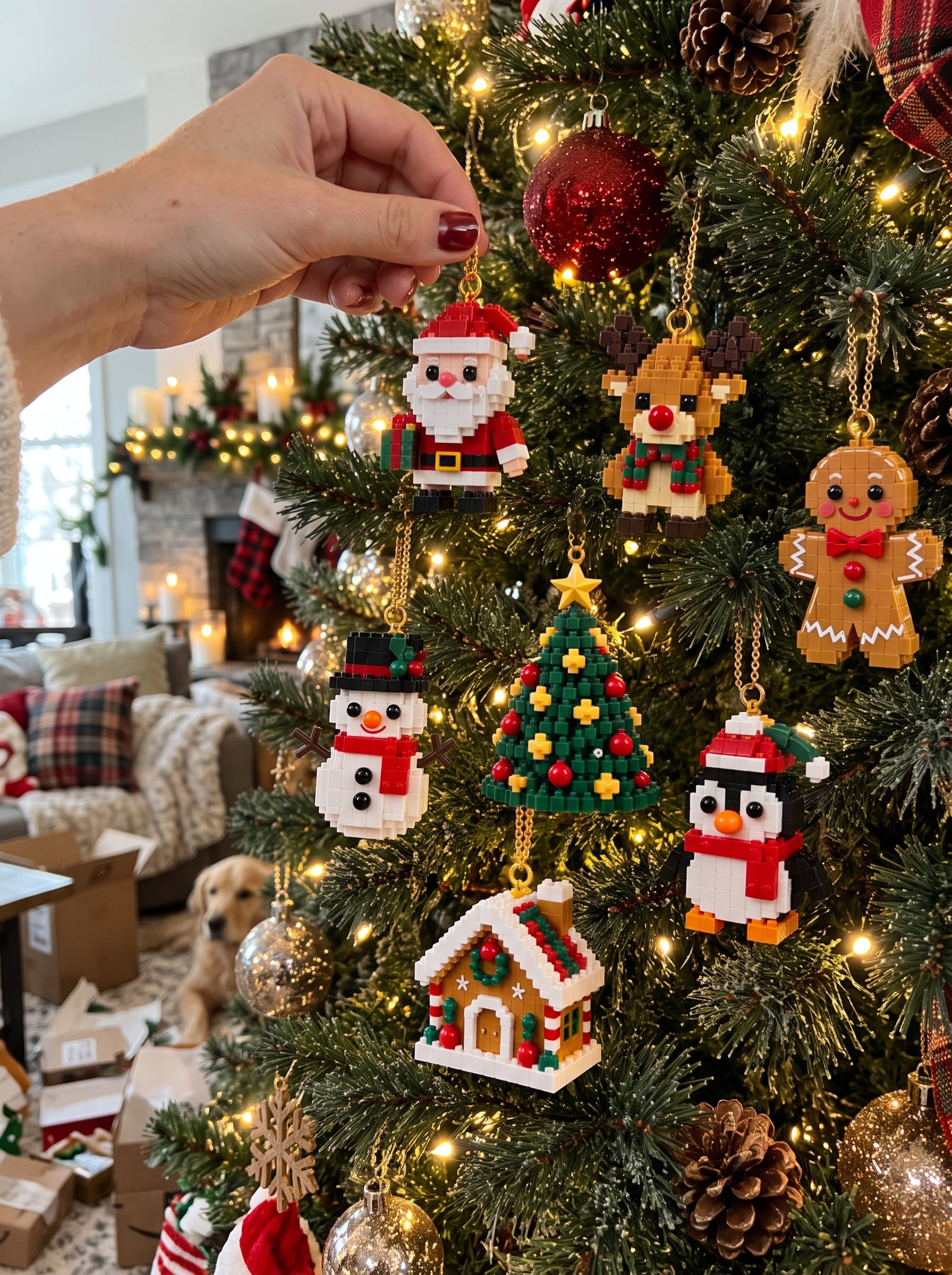 Santa and snowman ornaments hanging on a warm lit Christmas tree